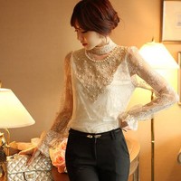 Elegant Pearl Studded Lace Flower Long Sleeve Blouse - Thumbnail 2