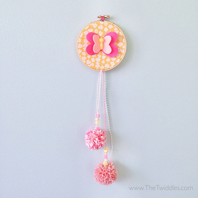 4" mini hoop art - pink butterfly & yellow floral