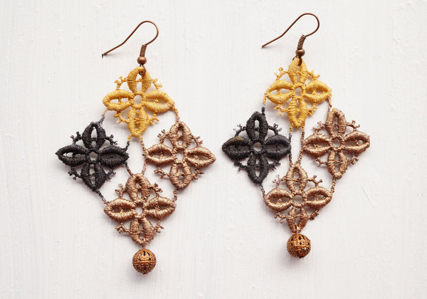 Gold Brown and Black Lace Geometric Earrings