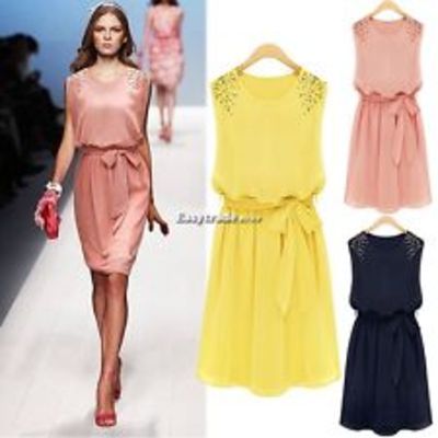 Chiffon handmade bead shoulder bow belt sleeveless pleated vest dress
