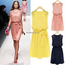Chiffon handmade bead shoulder bow belt sleeveless pleated vest dress