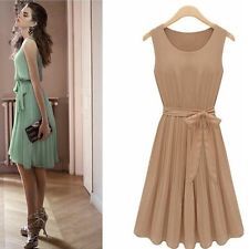New pleated chiffon bow belt sleeveless skirt vest casual dress 