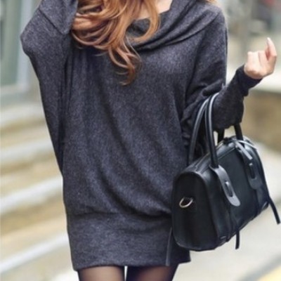 Dark grey cotton women long sleeve casual loose short length dress one size fz73263-26dg 