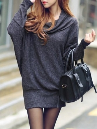 Dark Grey Cotton Women Long Sleeve Casual Loose Short Length Dress One Size FZ73263-26dg 