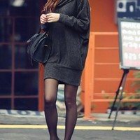 Dark Grey Cotton Women Long Sleeve Casual Loose Short Length Dress One Size FZ73263-26dg  - Thumbnail 1