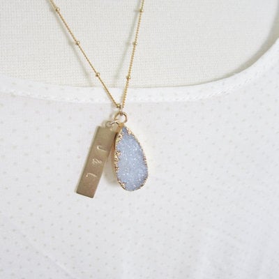 Druzy pendant with personalized brass bar on satellite chain 