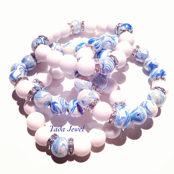 Double Stack Marble Acrylic Bead Sets-  blue/white