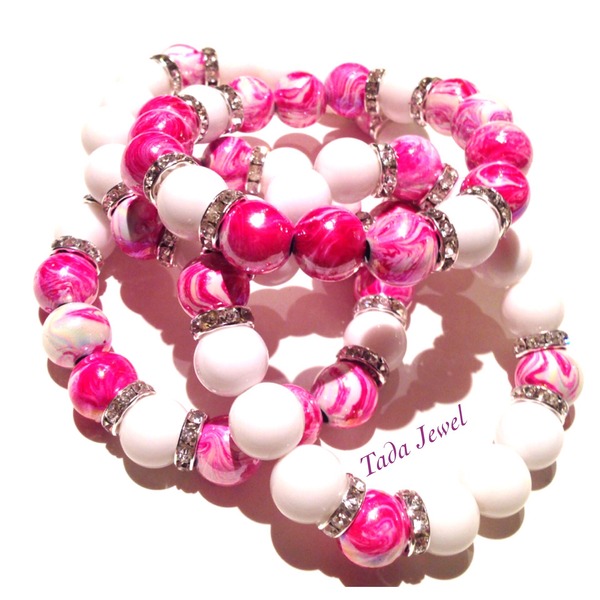 Double stack Marble Acrylic Bead Sets-  Dark Pink