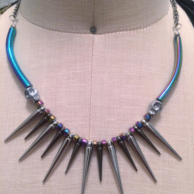 Rainbow skulls spike silver necklace