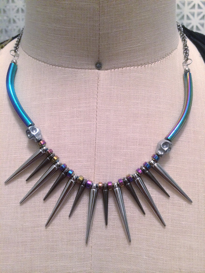 Rainbow Skulls Spike Silver Necklace