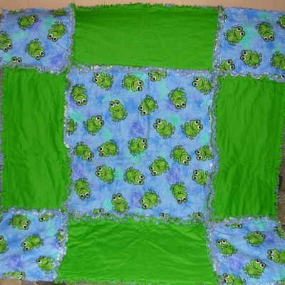 Frogs on blue with bright green baby rag quilt