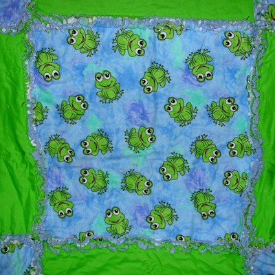 Frogs on blue with bright green baby rag quilt