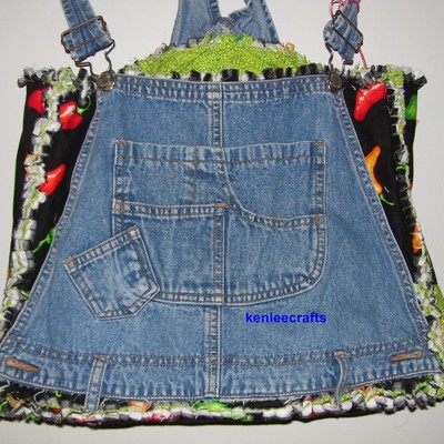 Upcycled denim overalls and chili peppers rag quilt tote