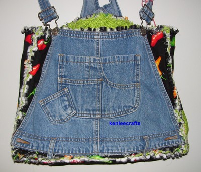 Upcycled denim overalls and chili peppers rag quilt tote