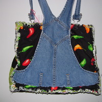 Upcycled Denim Overalls and Chili Peppers Rag Quilt Tote - Thumbnail 1