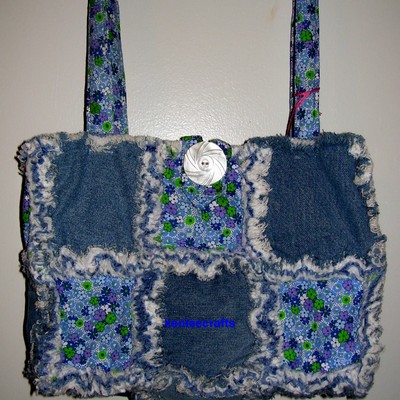 Upcycled denim and blue floral rag quilt tote