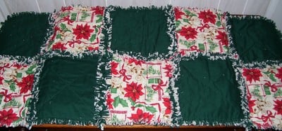 Poinsettias and green christmas rag quilt table runner