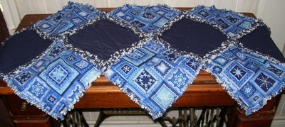 Blue snowflake christmas rag quilt table runner