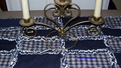 Blue homespun rag quilt table runner