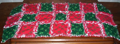 Red and green holly christmas rag quilt table topper