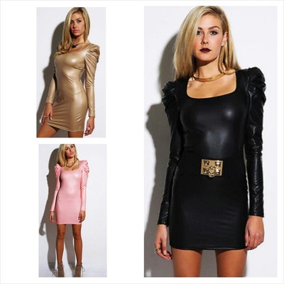 Faux leather dress w/ puffed shoulder