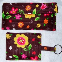 Chocolate Brown and Floral Wallet and Key Chain Coin Purse Set - Thumbnail 1