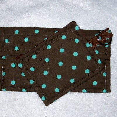 Chocolate brown and blue wallet and key chain coin purse set