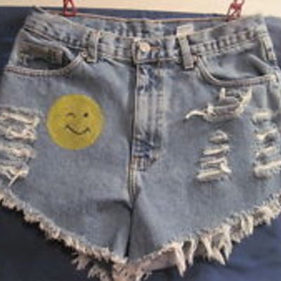 Upcycled denim cut off shorts frayed ripped destroyed size 8, 30 waist