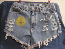 Upcycled denim cut off shorts frayed ripped destroyed size 8, 30 waist