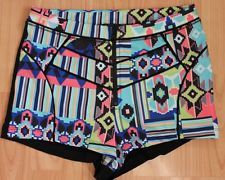 Black aztec tribal print high waist festival hot pants shorts size 10 38
