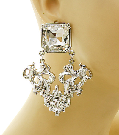 Rhodium  Clear Stone Drop Earrings