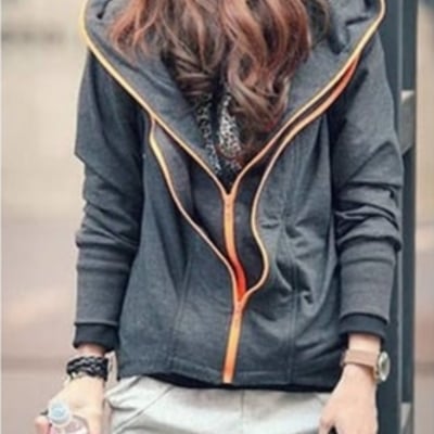 Grey cotton women fashion winter style long sleeve zipper with hat hoodies coat one size yl989053g 