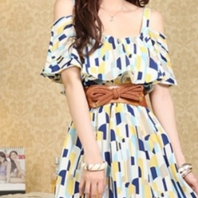 Women summer off-shoulder ruffled collar yellow chiffon mini dress one size @rkd996660y 