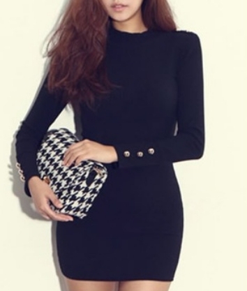 Black Blends Women Fashion Long Sleeve Pure Color Slim Sexy Dress One Size FZ73515-26b 