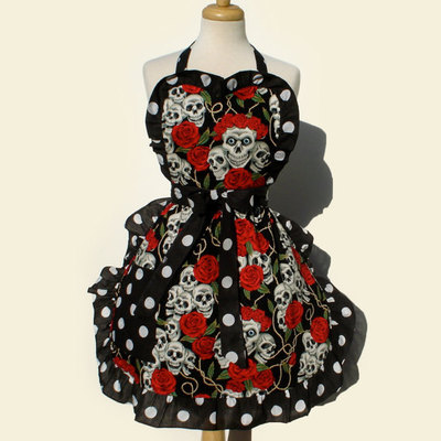 Tattoo art and polka dots skulls and roses apron