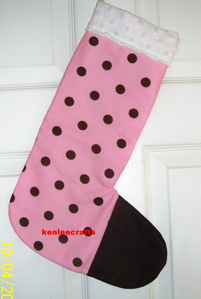 Pink with chocolate brown dots christmas stocking