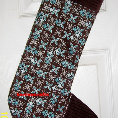 Blue floral and chocolate brown christmas stocking