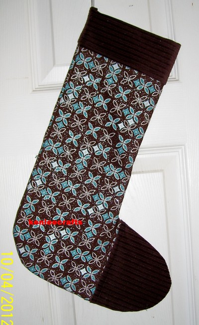 Blue floral and chocolate brown christmas stocking