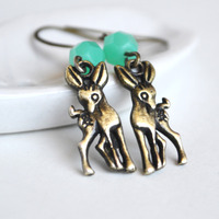 Deer Earrings, Fawn Earrings,Wildlife,Camping,Seafoam Czech Beads - Thumbnail 1