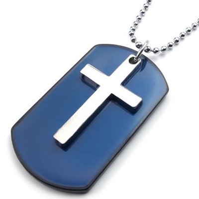 Army style cross dog tag necklace-(blue/silver)-unisex
