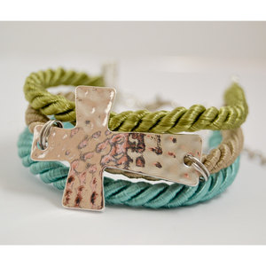Sideway Hammered Cross Adjustable Bracelet (Turquoise, Tan, Olive)