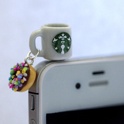 Kawaii starbucks coffee and sprinkle donut iphone earphone plug/dust plug - cellphone headphone handmade decorations