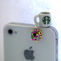 Kawaii Starbucks Coffee and Sprinkle Donut Iphone Earphone Plug/Dust Plug - Cellphone Headphone Handmade Decorations - Thumbnail 1