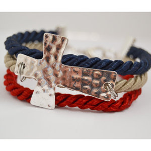 Sideway Hammered Cross Adjustable Bracelet (Red, Tan, Navy)
