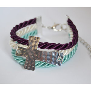 Sideway Hammered Cross Adjustable Bracelet (Turquoise, Cream, Purple)