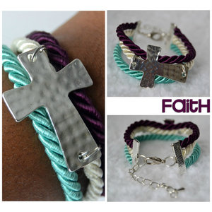 Sideway Hammered Cross Adjustable Bracelet (Turquoise, Cream, Purple)