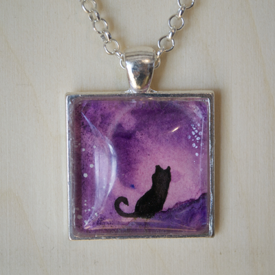 Cat art pendant original watercolor "eclipse"