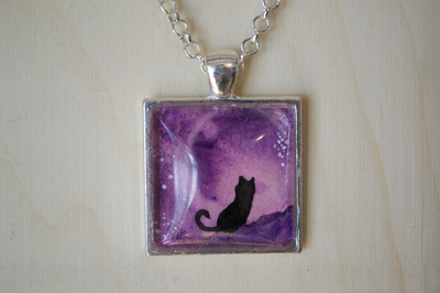 Cat art pendant original watercolor "Eclipse"