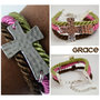 Sideway Hammered Cross Adjustable Bracelet (Brown, Pink, Olive) - Thumbnail 1