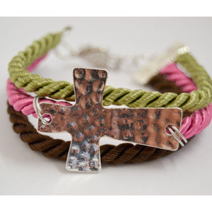 Sideway Hammered Cross Adjustable Bracelet (Brown, Pink, Olive)